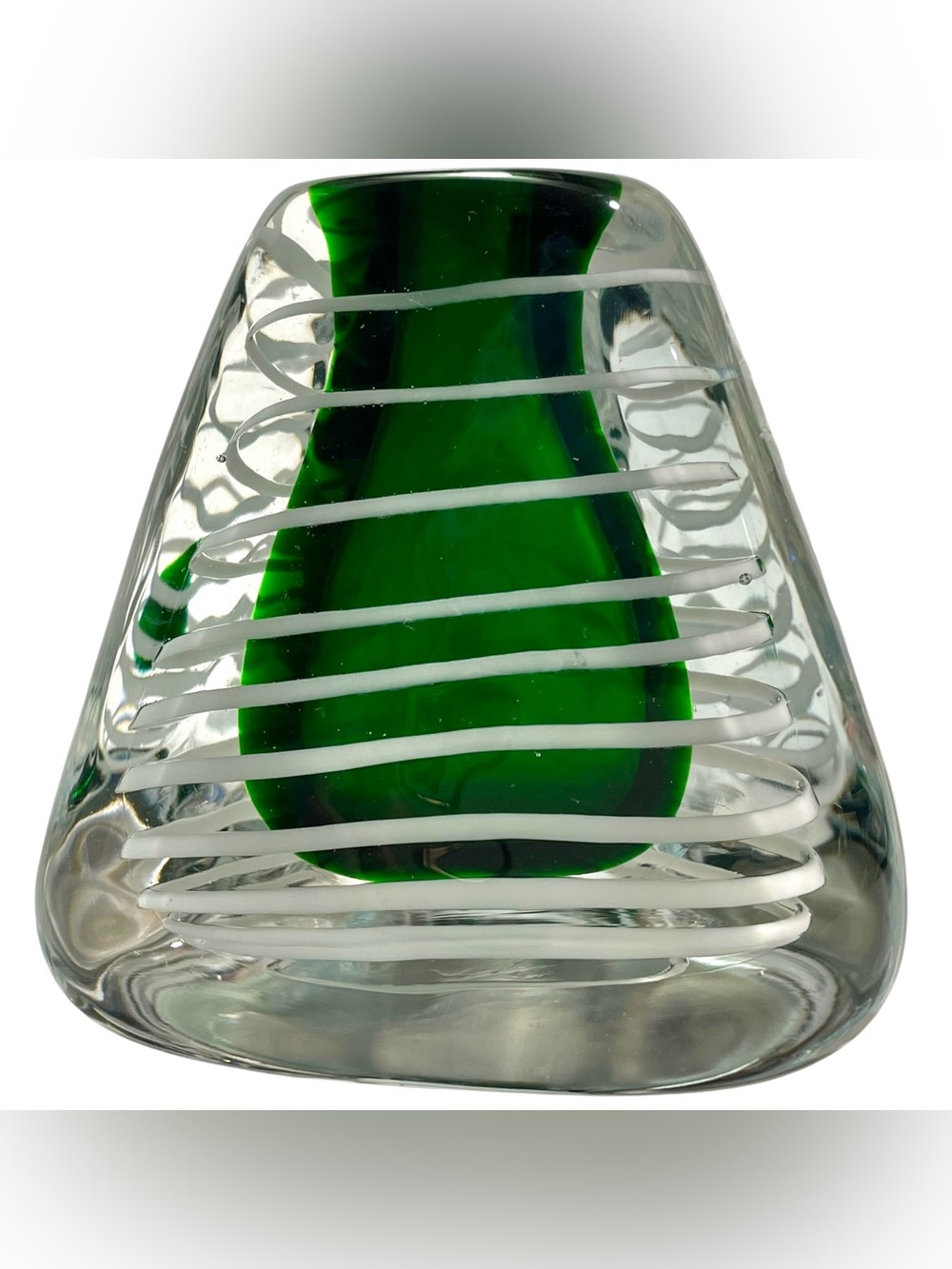 Vintage 1980s Pyramid Art Glass Vase Paperweight - Encased Emerald Green Swirl